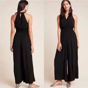 Anthropologie Womens Black Bionda Plisse Jumpsuit Size S Smocked Waist Event